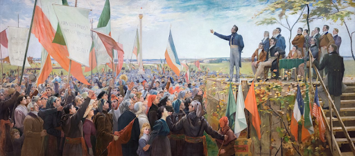 Charles Alexander Smith. L’Assemblée des six-comtés (1837). 1890. Y figurent, mêlés, les tricolores français de 1792 (à bandes horizontales) et le drapeau patriote.